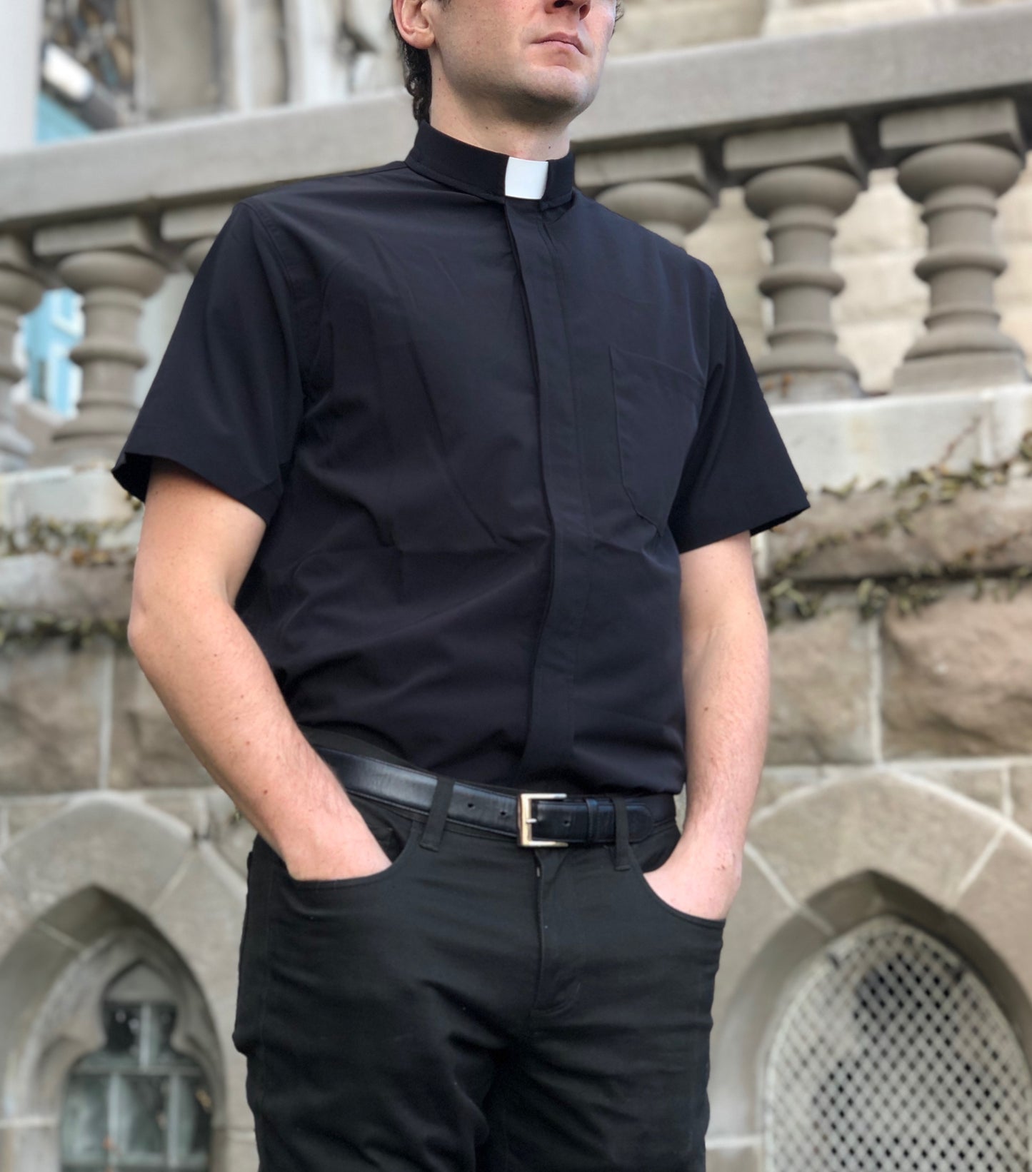 Hook & Shepherd - Tab Collar Short Sleeve Clergy Shirt - Comfortable, Performance, Breathable - Action 3